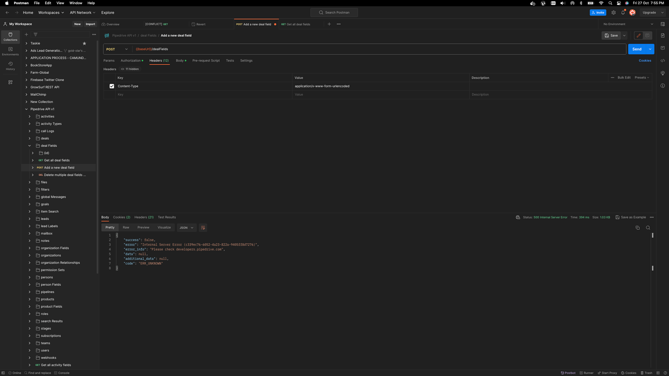 Add dealFields throwing 500 Internal Server Error - API - Pipedrive ...