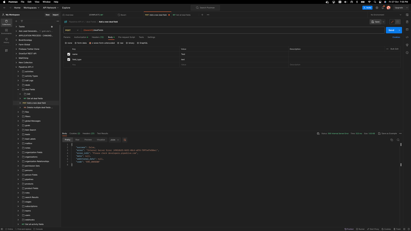 Add dealFields throwing 500 Internal Server Error - API - Pipedrive ...